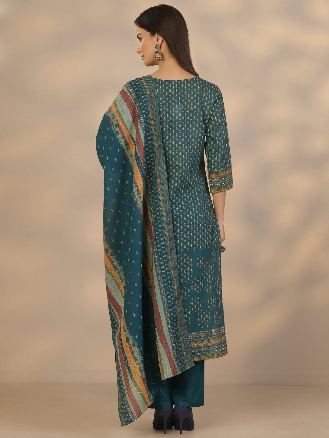 Blue Printed Cotton Straight Suit Set With Dupatta