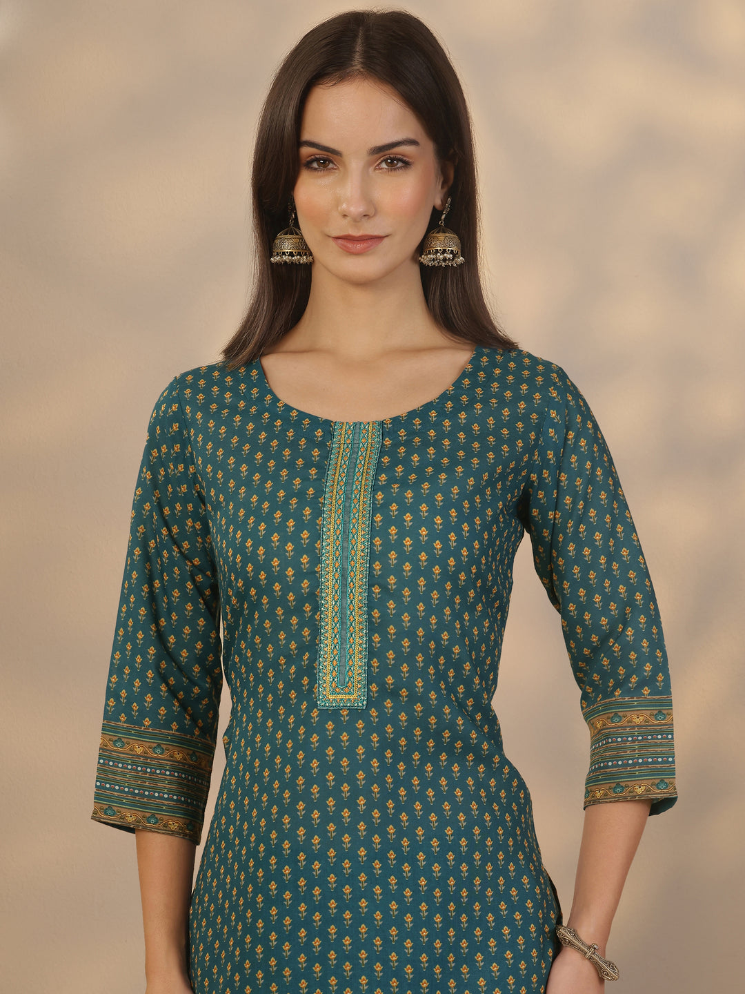 Blue Printed Cotton Straight Suit Set With Dupatta