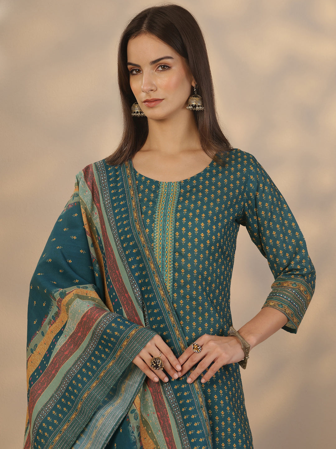 Blue Printed Cotton Straight Suit Set With Dupatta