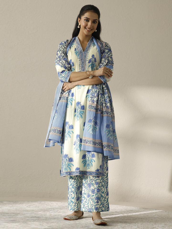 Off white Printed Cotton Straight Suit Set With Dupatta