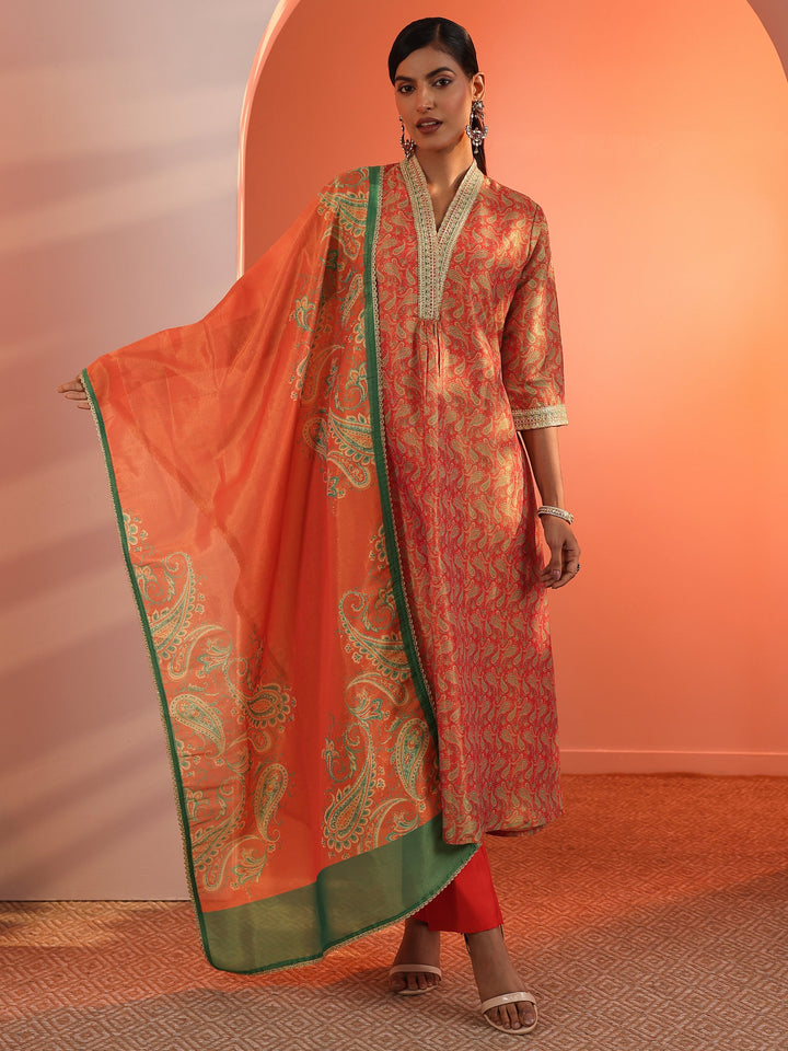 Orange Printed Silk Blend Straight Suit Set With Dupatta