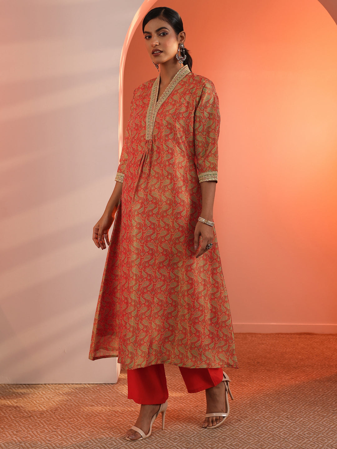 Orange Printed Silk Blend Straight Suit Set With Dupatta