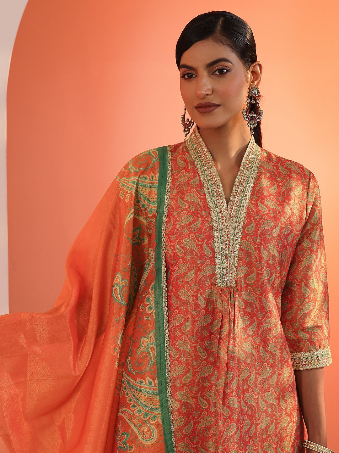 Orange Printed Silk Blend Straight Suit Set With Dupatta