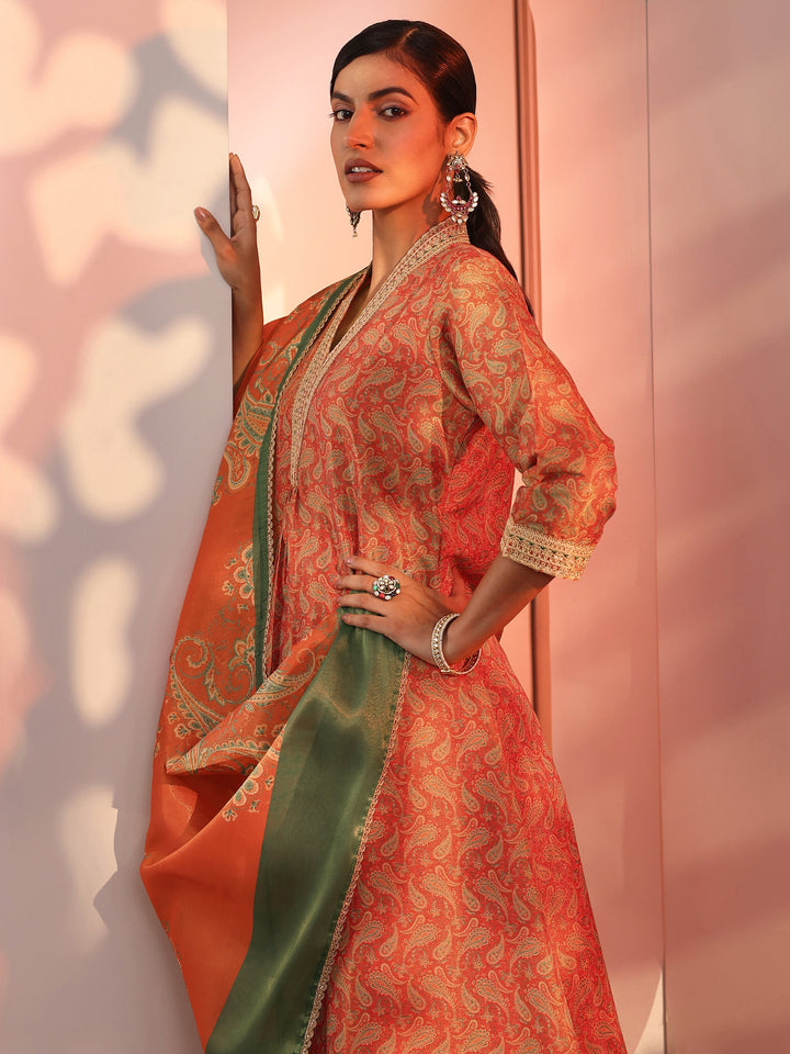 Orange Printed Silk Blend Straight Suit Set With Dupatta