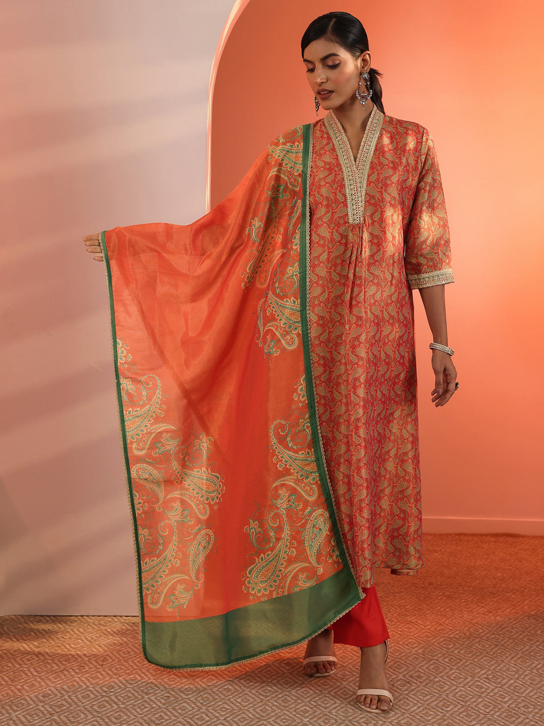 Orange Printed Silk Blend Straight Suit Set With Dupatta