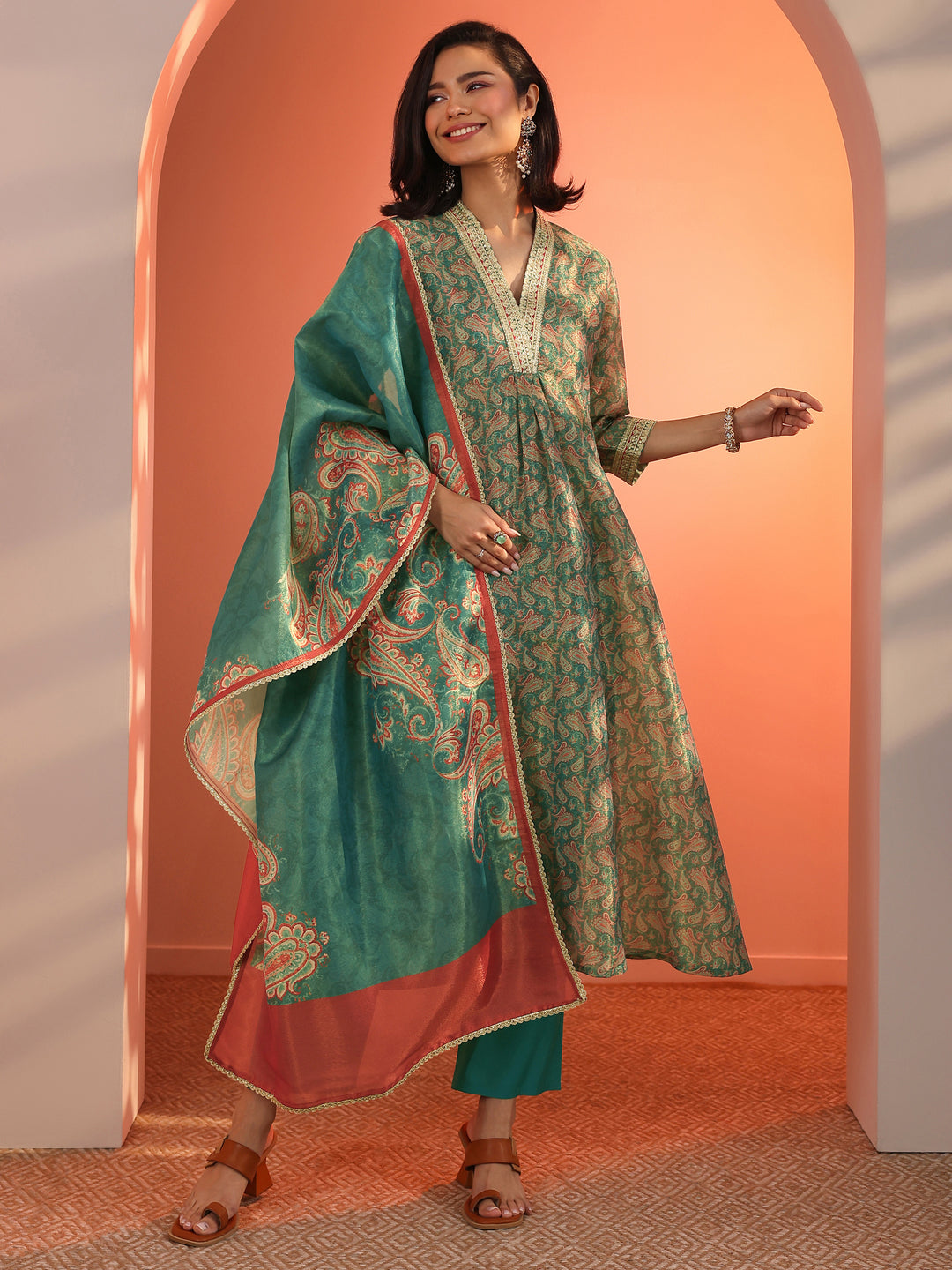 Teal Printed Silk Blend A-Line Suit Set With Dupatta