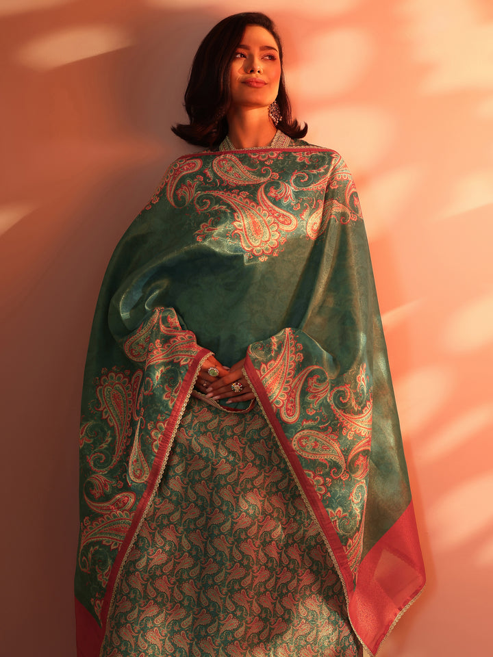 Teal Printed Silk Blend A-Line Suit Set With Dupatta