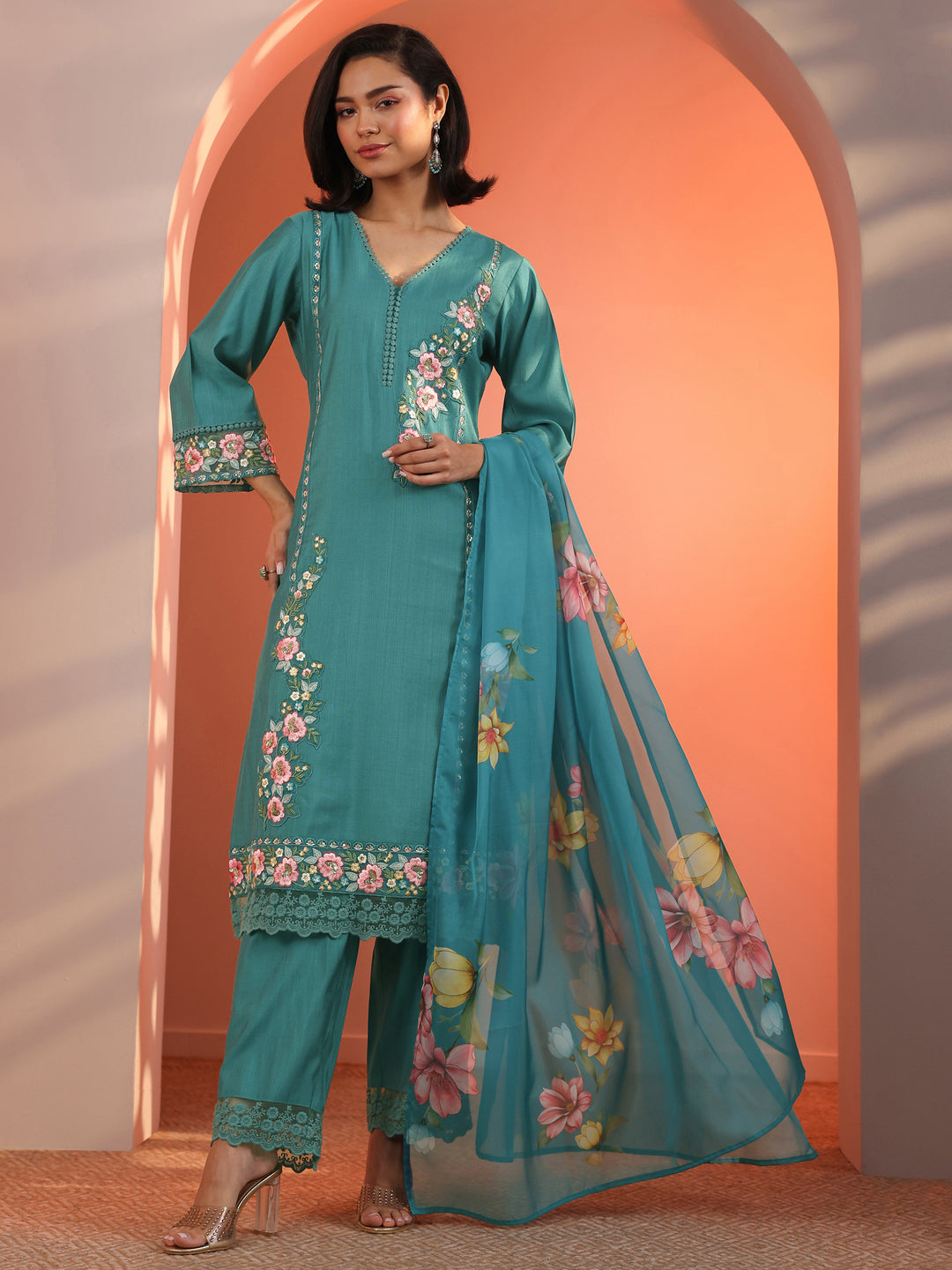 Blue Embroidered Silk Blend Straight Suit Set With Dupatta