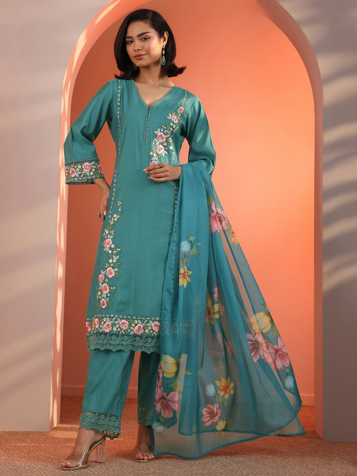 Blue Embroidered Silk Blend Straight Suit Set With Dupatta