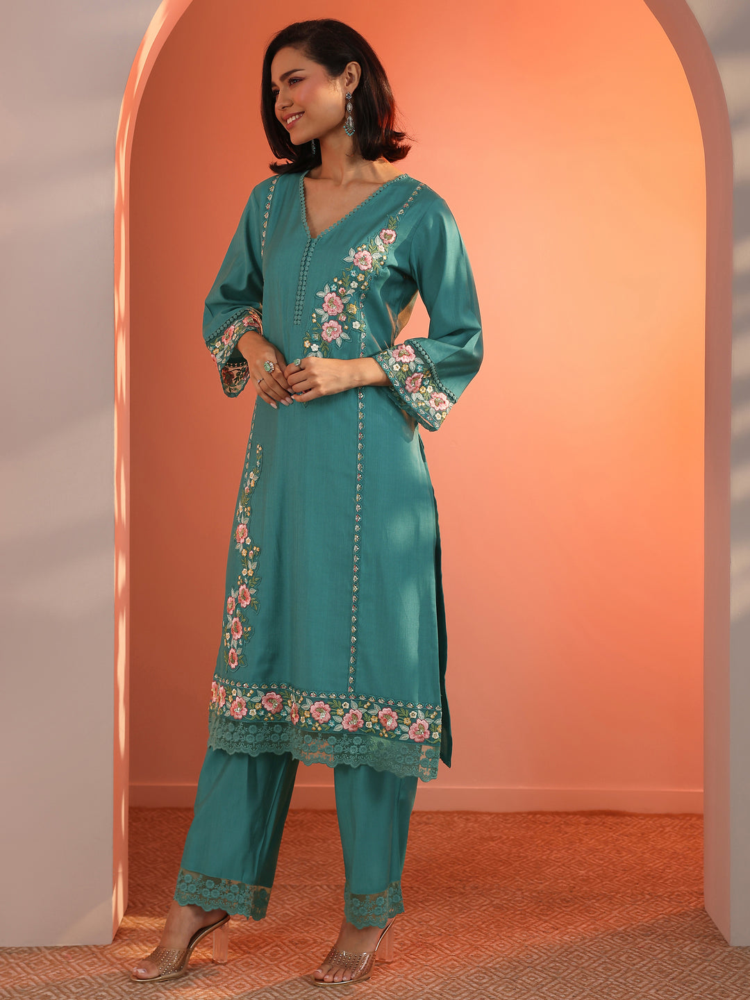 Blue Embroidered Silk Blend Straight Suit Set With Dupatta