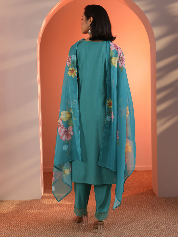 Blue Embroidered Silk Blend Straight Suit Set With Dupatta
