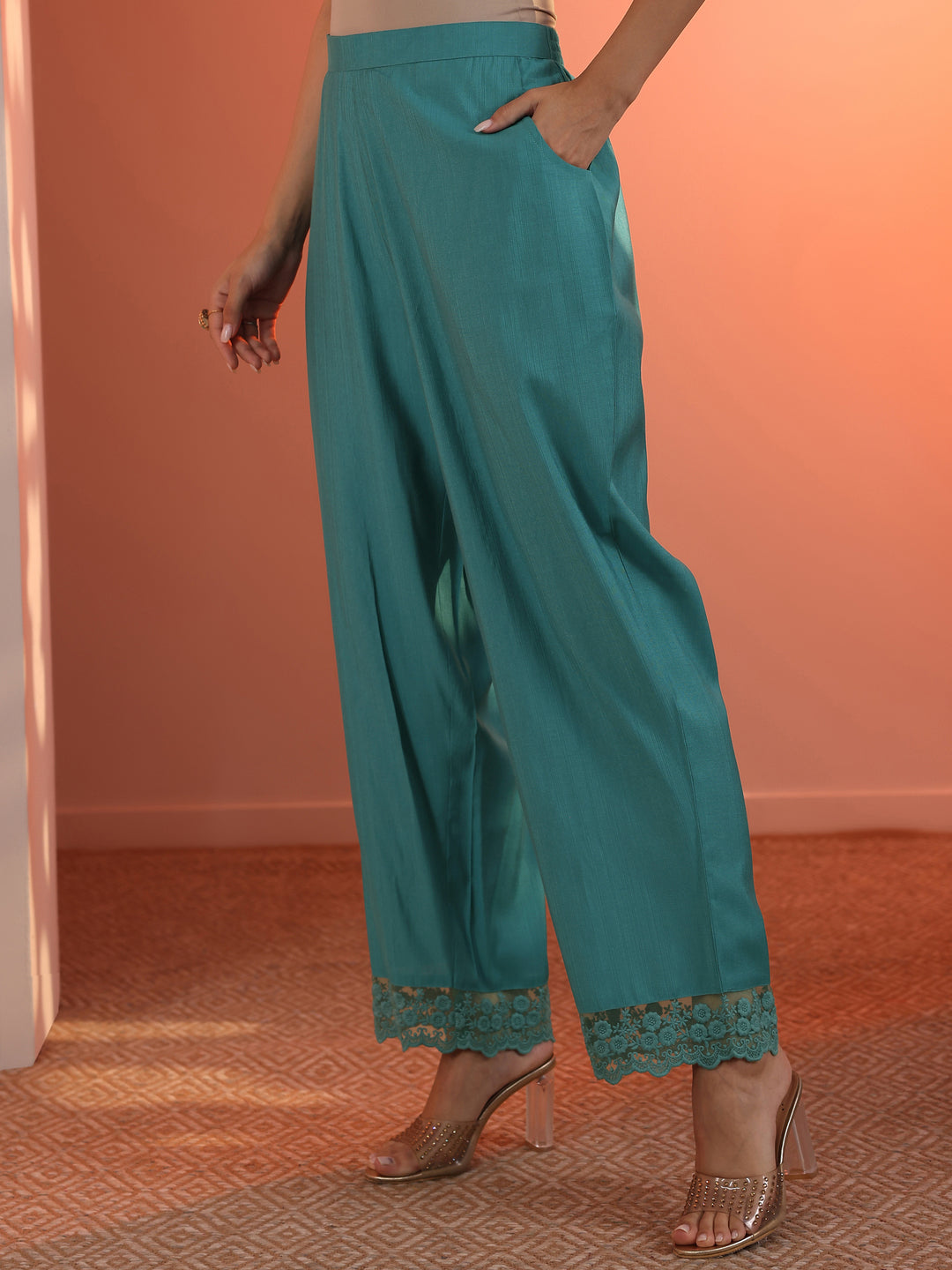 Blue Embroidered Silk Blend Straight Suit Set With Dupatta