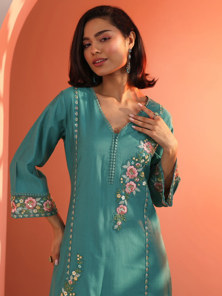 Blue Embroidered Silk Blend Straight Suit Set With Dupatta