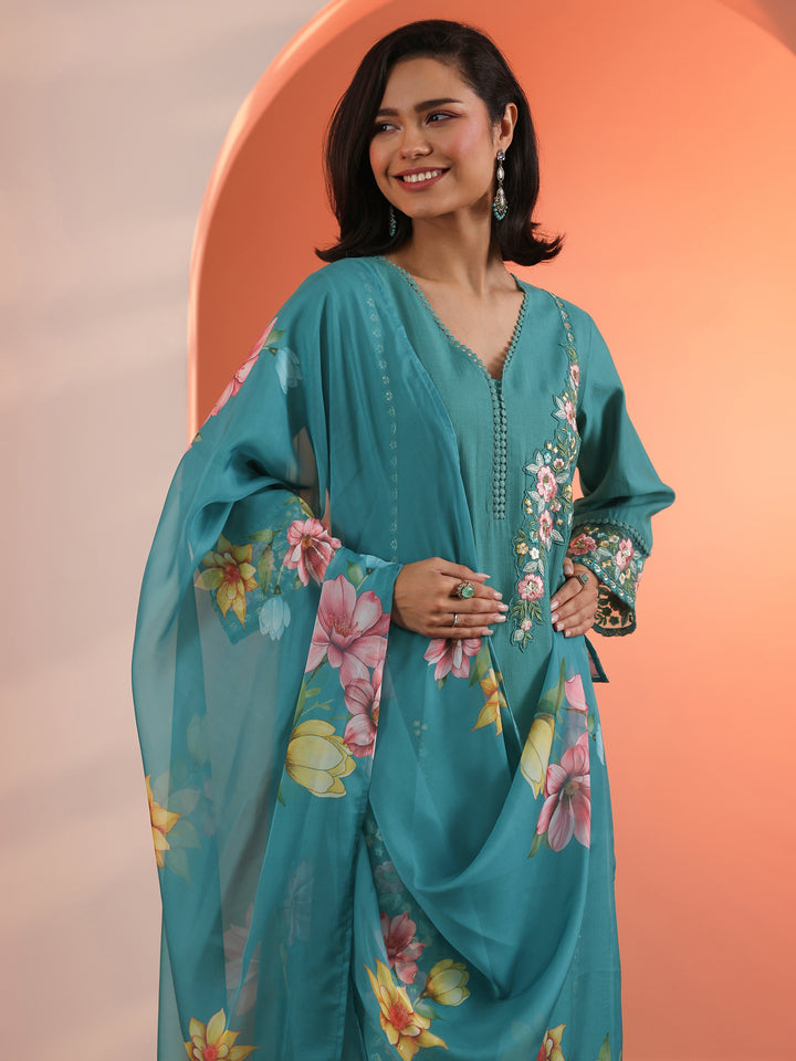 Blue Embroidered Silk Blend Straight Suit Set With Dupatta