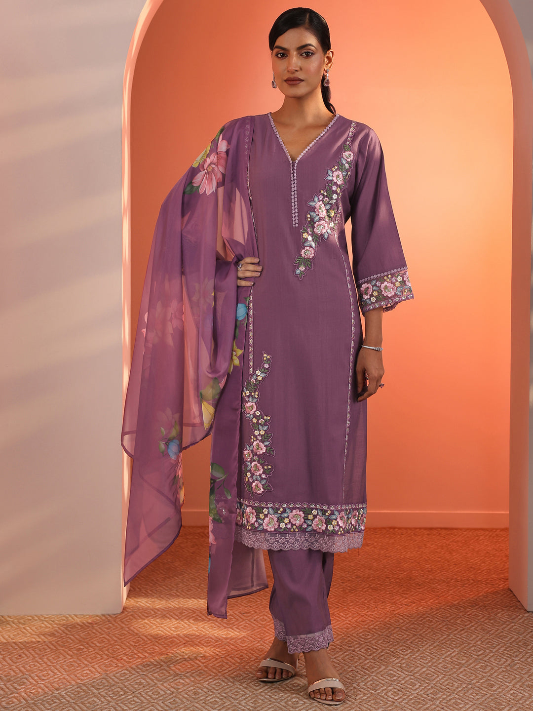 Mauve Embroidered Silk Blend Straight Suit Set With Dupatta