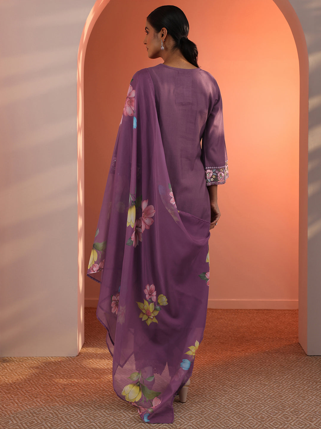 Mauve Embroidered Silk Blend Straight Suit Set With Dupatta