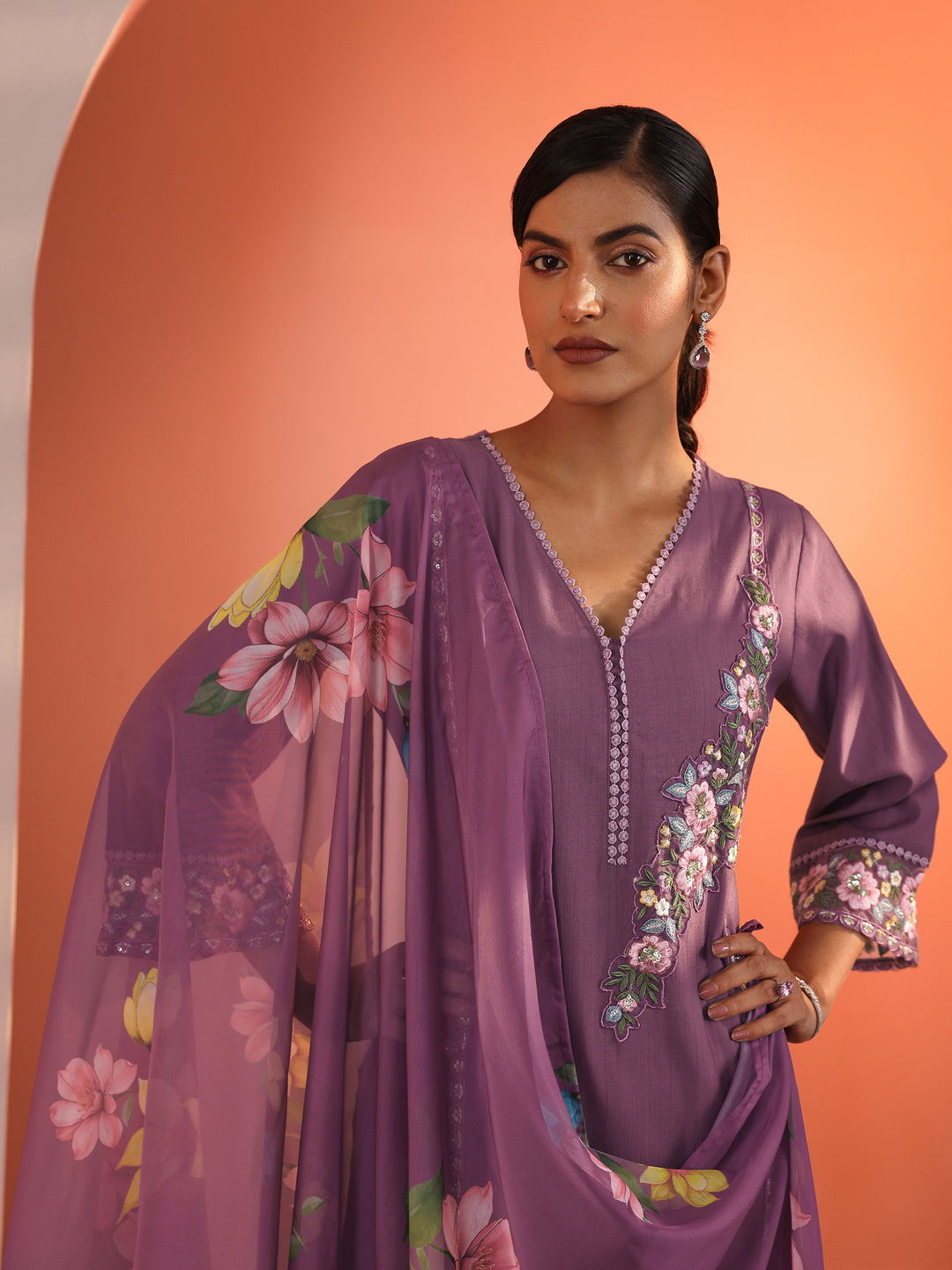 Mauve Embroidered Silk Blend Straight Suit Set With Dupatta