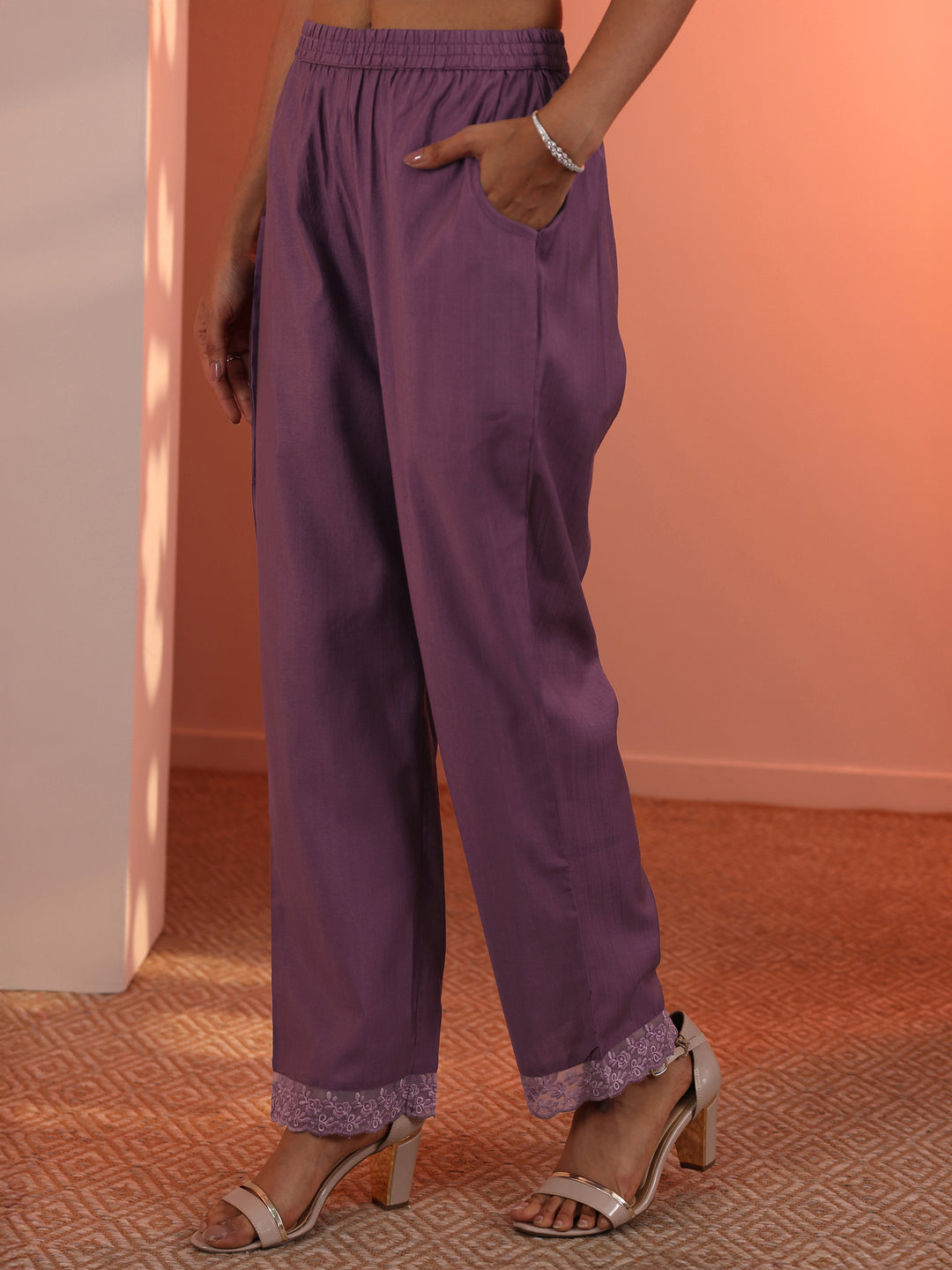 Mauve Embroidered Silk Blend Straight Suit Set With Dupatta