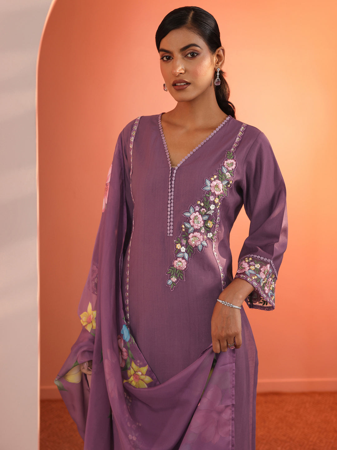 Mauve Embroidered Silk Blend Straight Suit Set With Dupatta