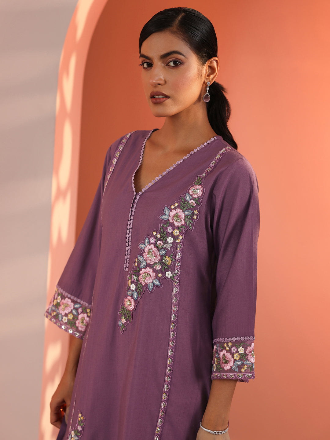 Mauve Embroidered Silk Blend Straight Suit Set With Dupatta