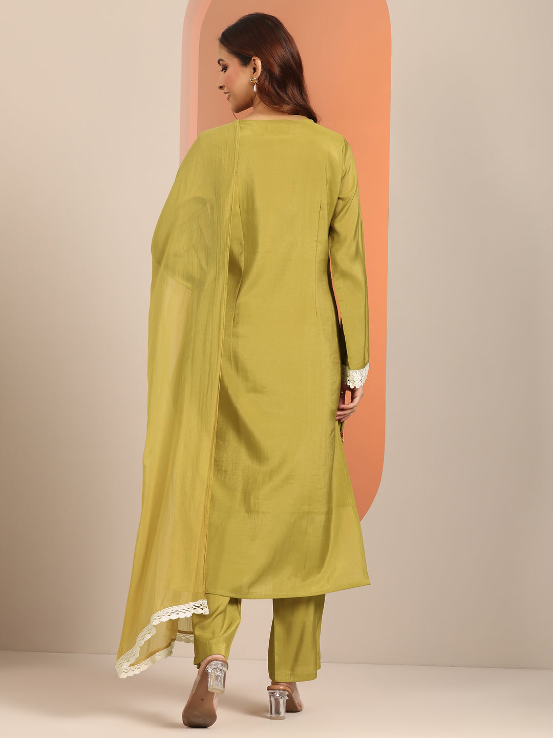 Green Embroidered Silk Blend Straight Suit Set With Dupatta