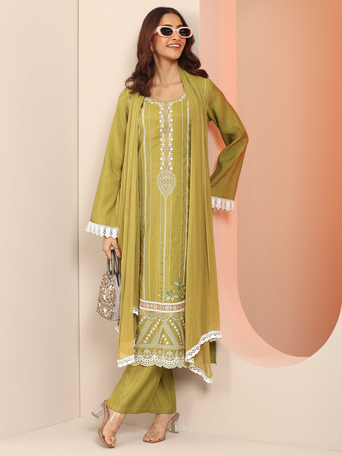 Green Embroidered Silk Blend Straight Suit Set With Dupatta
