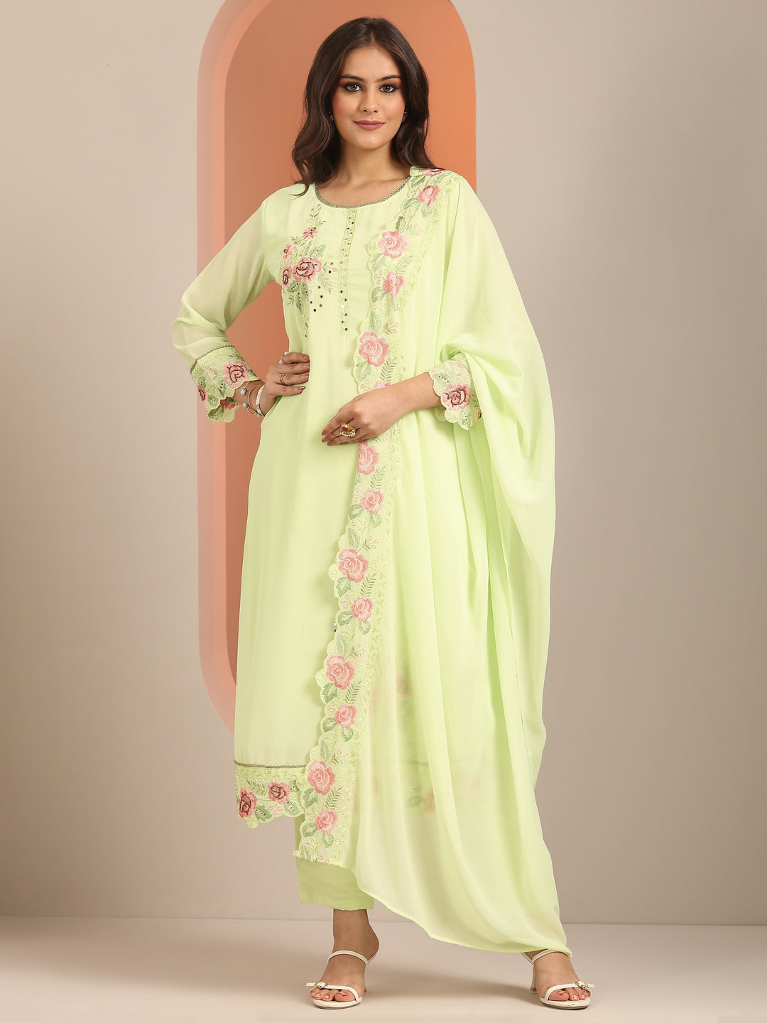 Green Embroidered Georgette Straight Suit Set With Dupatta