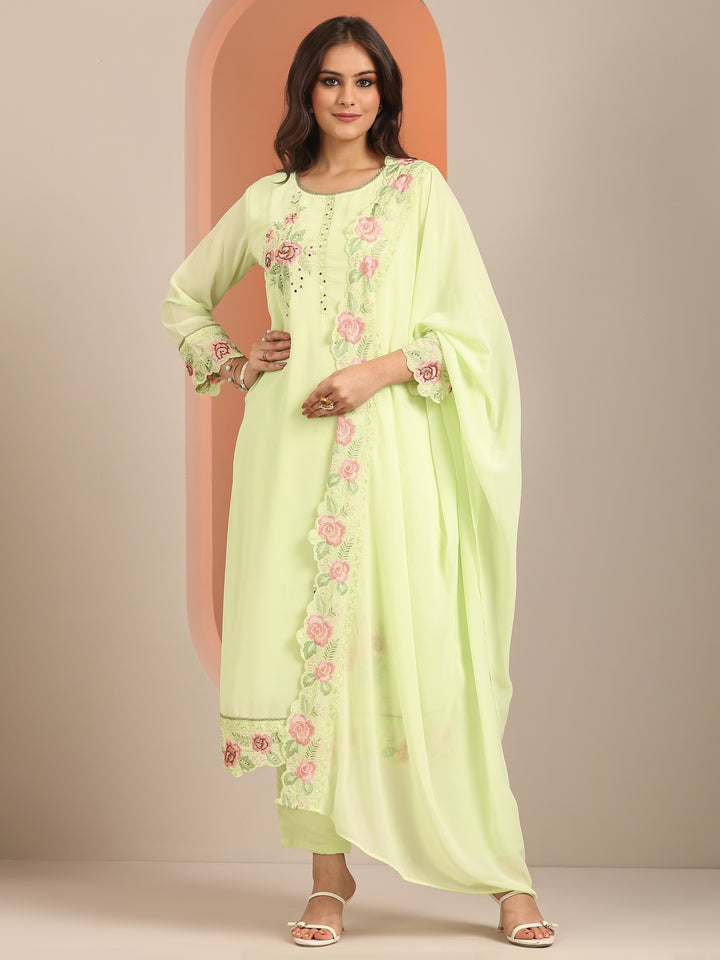 Green Embroidered Georgette Straight Suit Set With Dupatta