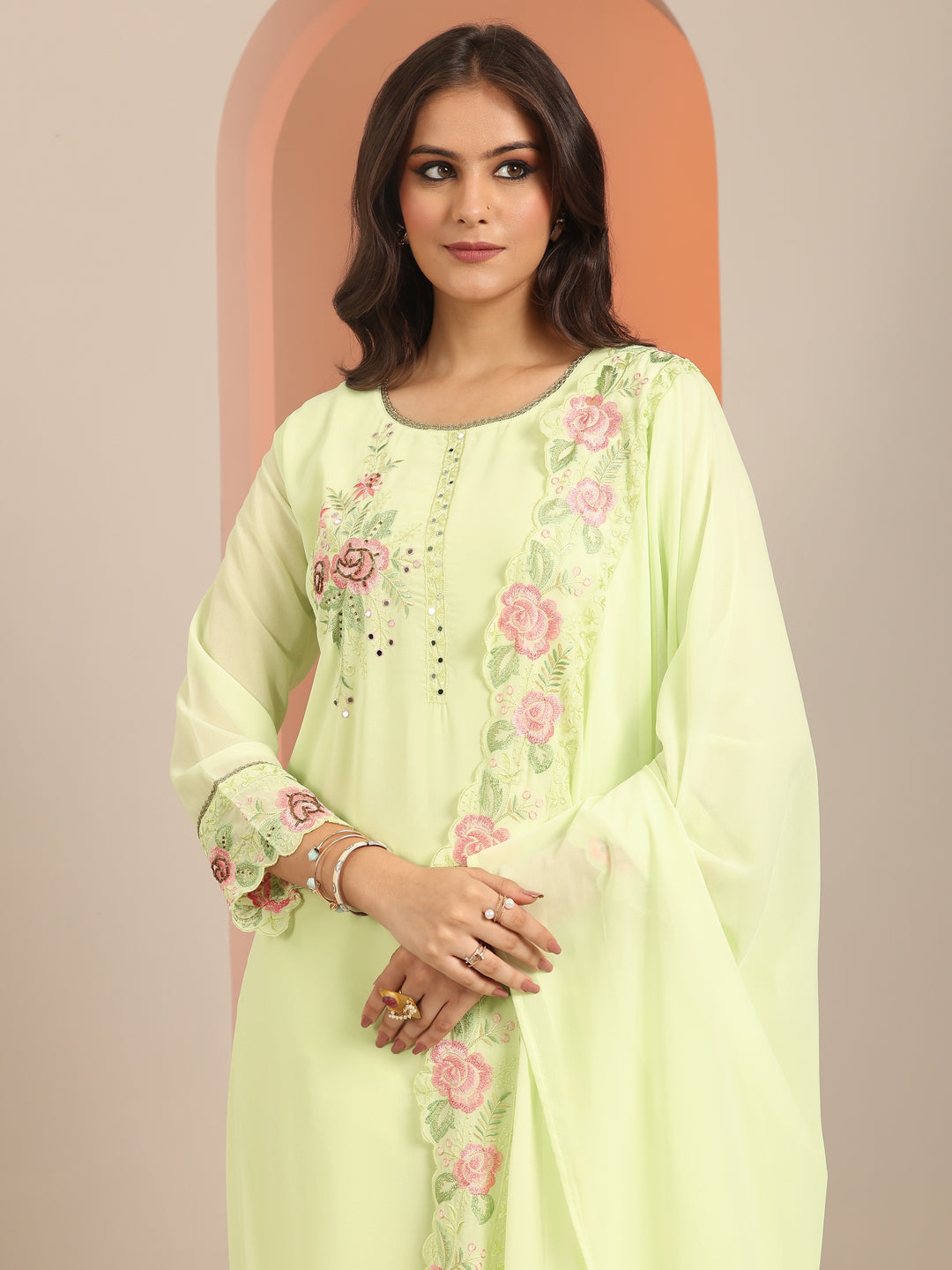 Green Embroidered Georgette Straight Suit Set With Dupatta