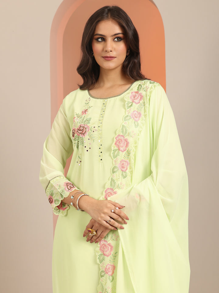 Green Embroidered Georgette Straight Suit Set With Dupatta