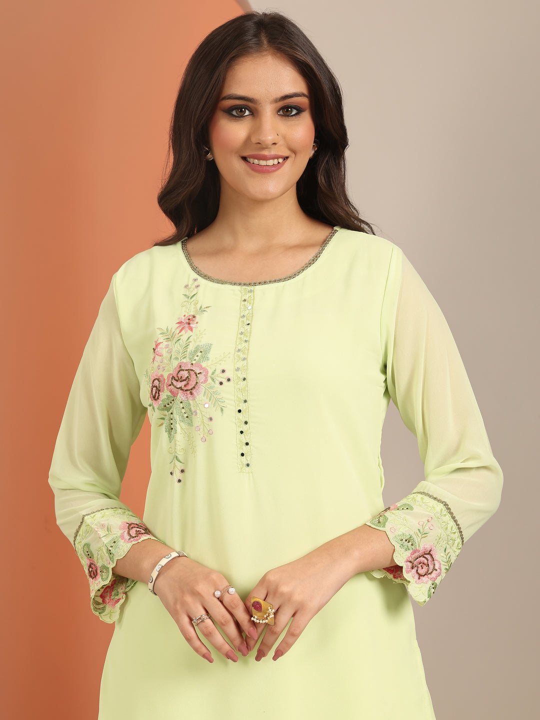 Green Embroidered Georgette Straight Suit Set With Dupatta