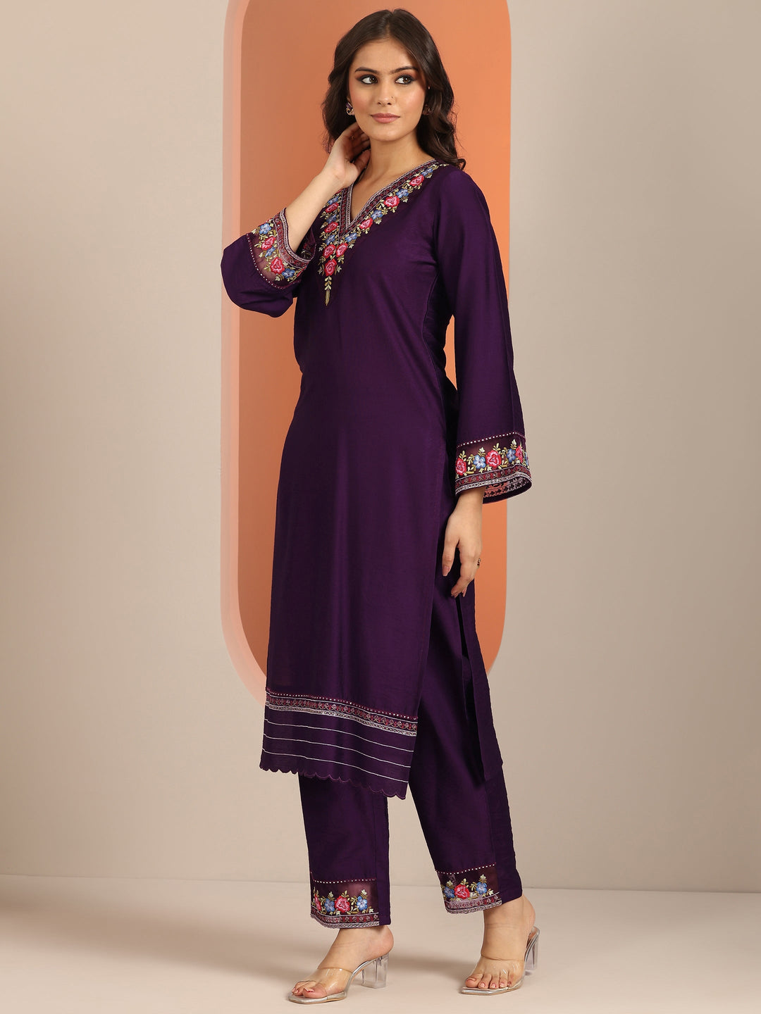Purple Embroidered Silk Blend Straight Suit Set With Dupatta