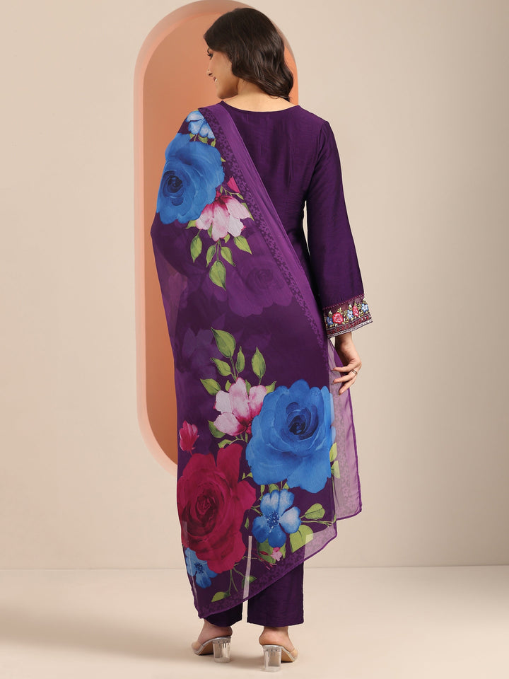 Purple Embroidered Silk Blend Straight Suit Set With Dupatta