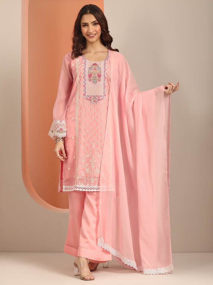 Pink Embroidered Organza Straight Suit Set With Dupatta