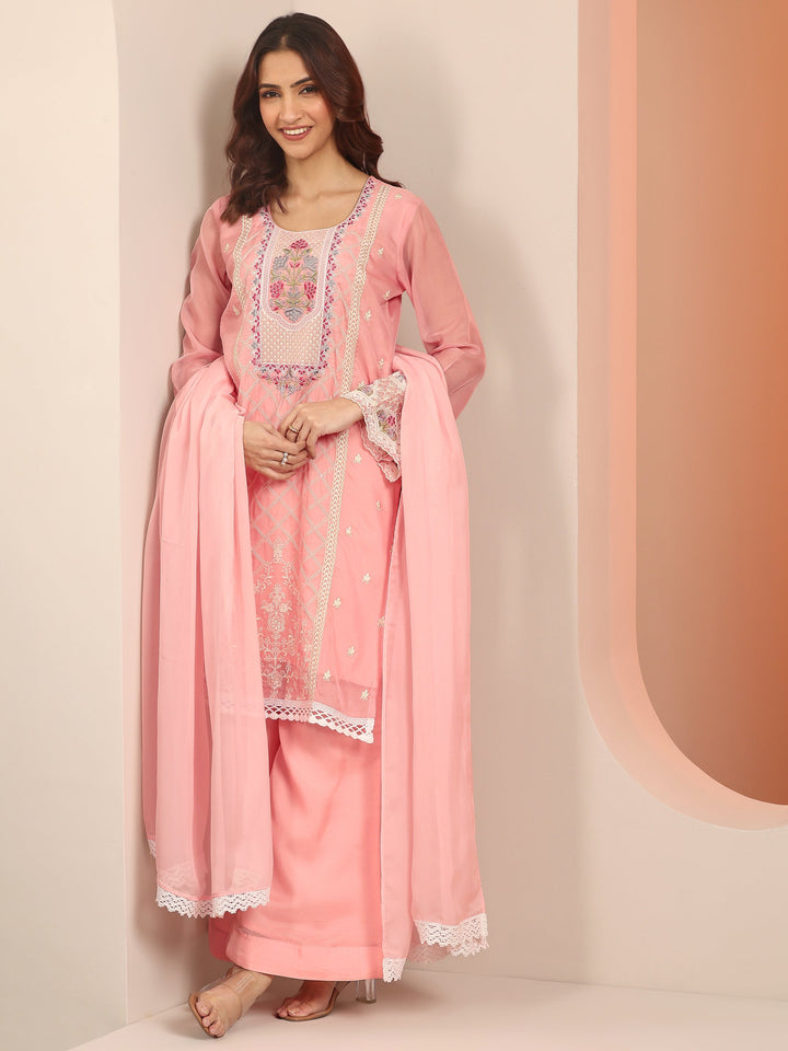 Pink Embroidered Organza Straight Suit Set With Dupatta