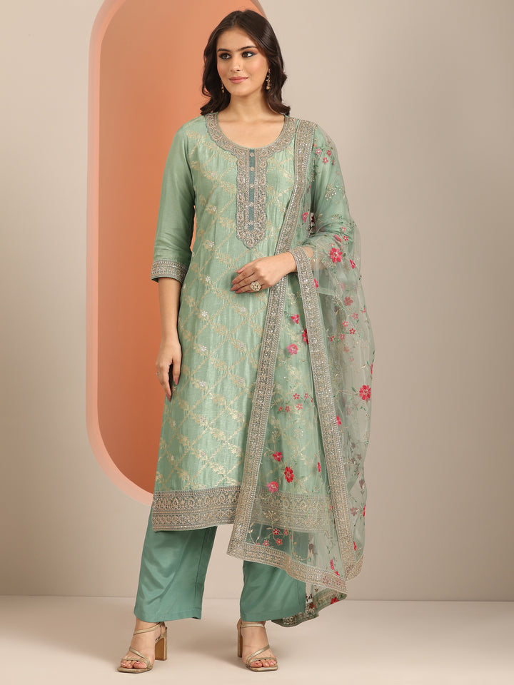Libas Art Green Woven Design Silk Blend Straight Suit Set With Dupatta