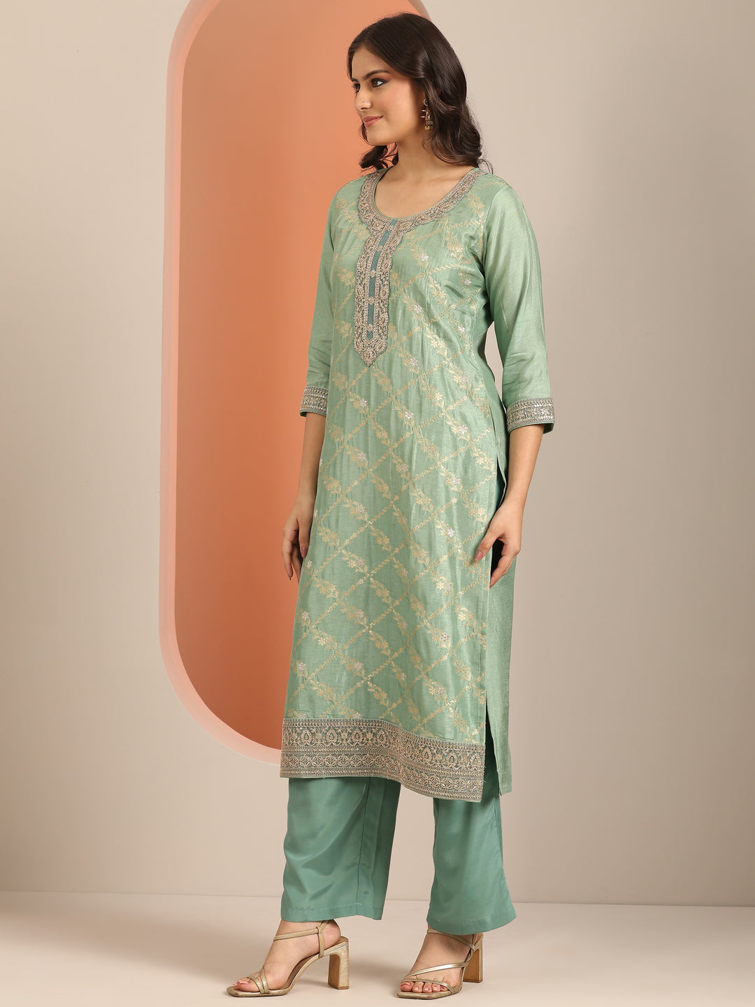 Libas Art Green Woven Design Silk Blend Straight Suit Set With Dupatta