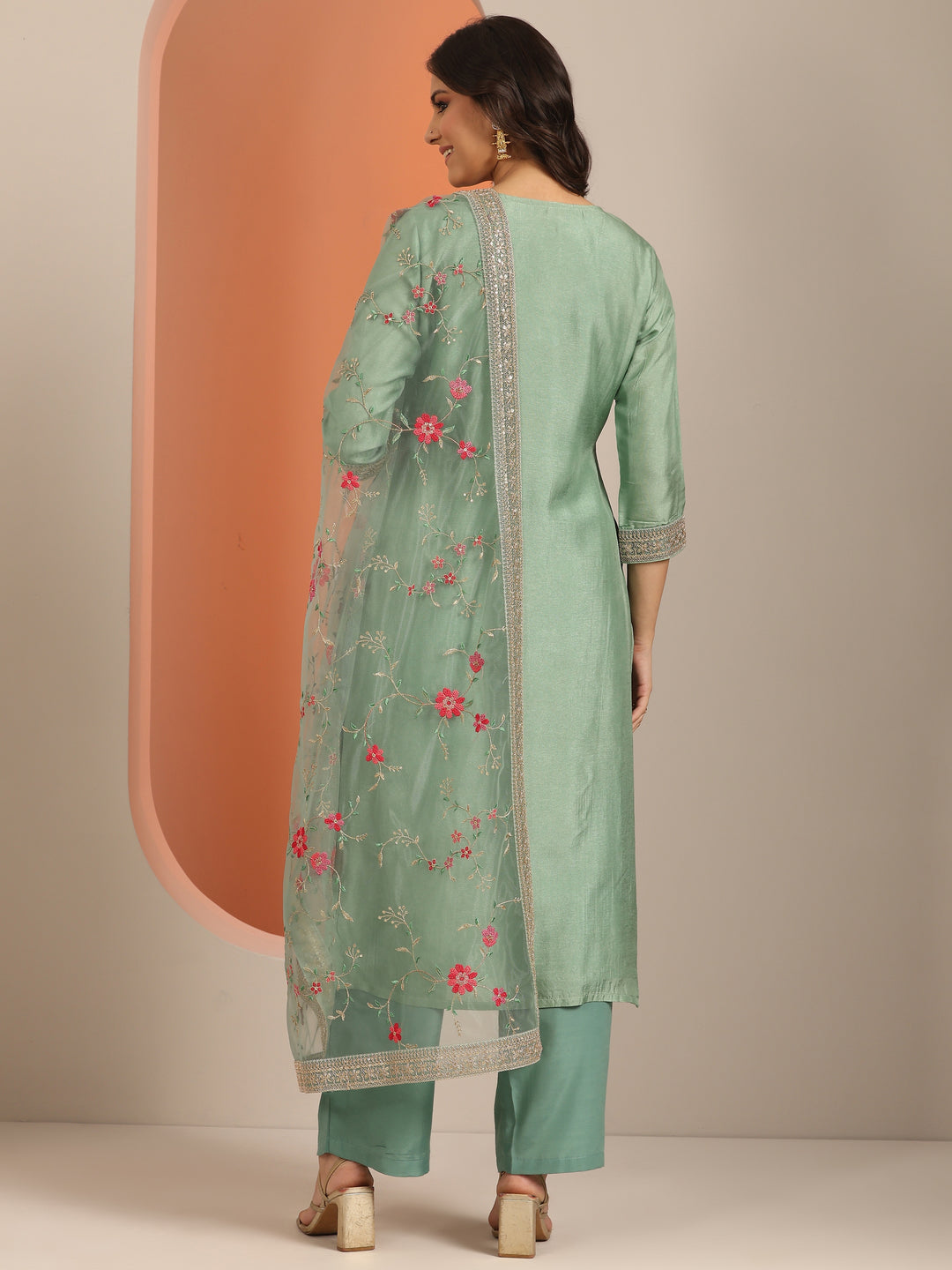 Libas Art Green Woven Design Silk Blend Straight Suit Set With Dupatta