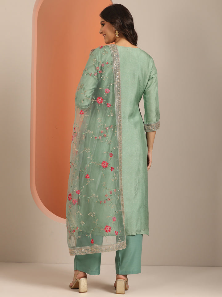 Libas Art Green Woven Design Silk Blend Straight Suit Set With Dupatta