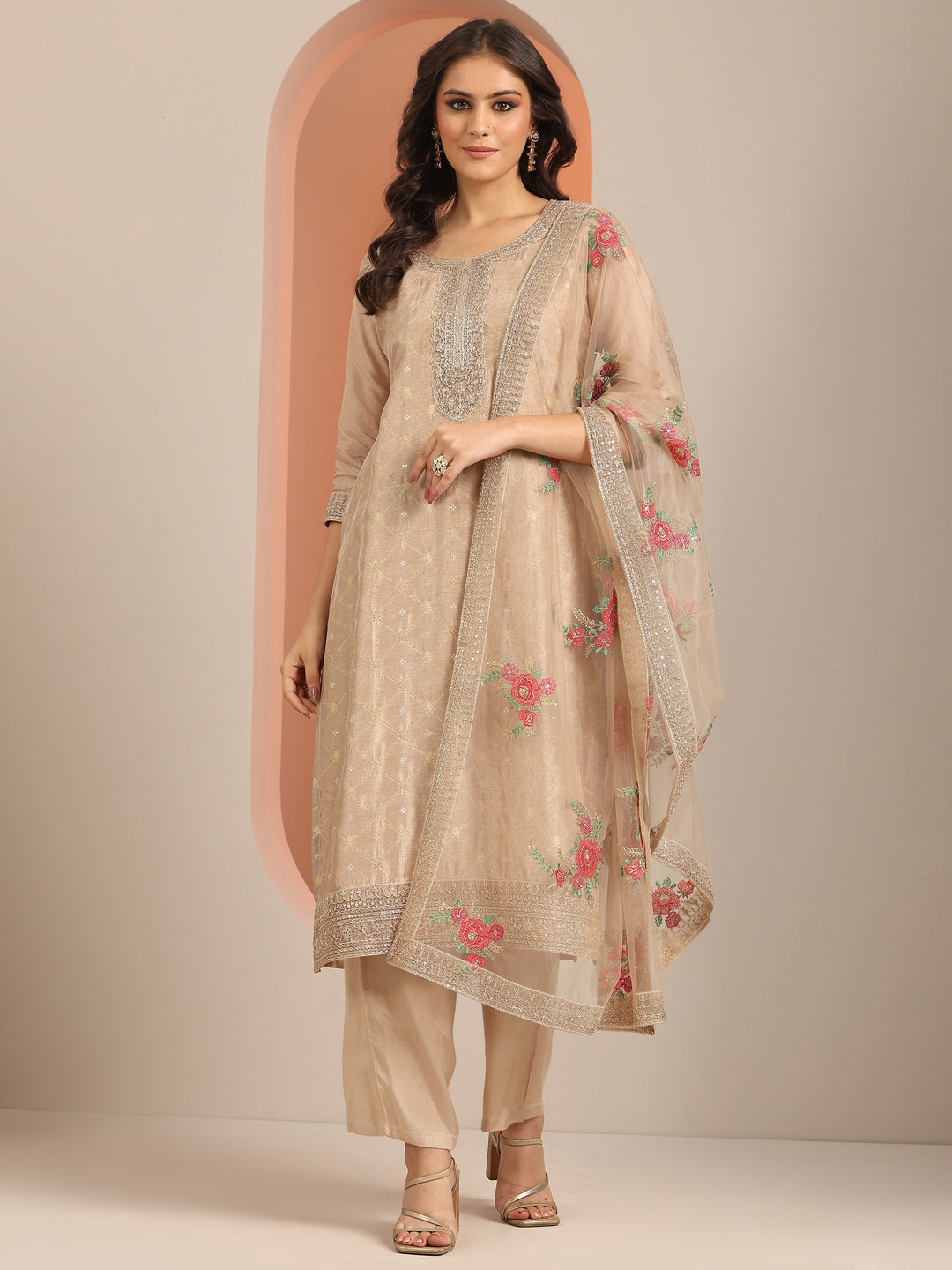 Libas Art Tan Woven Design Silk Blend Straight Suit Set With Dupatta