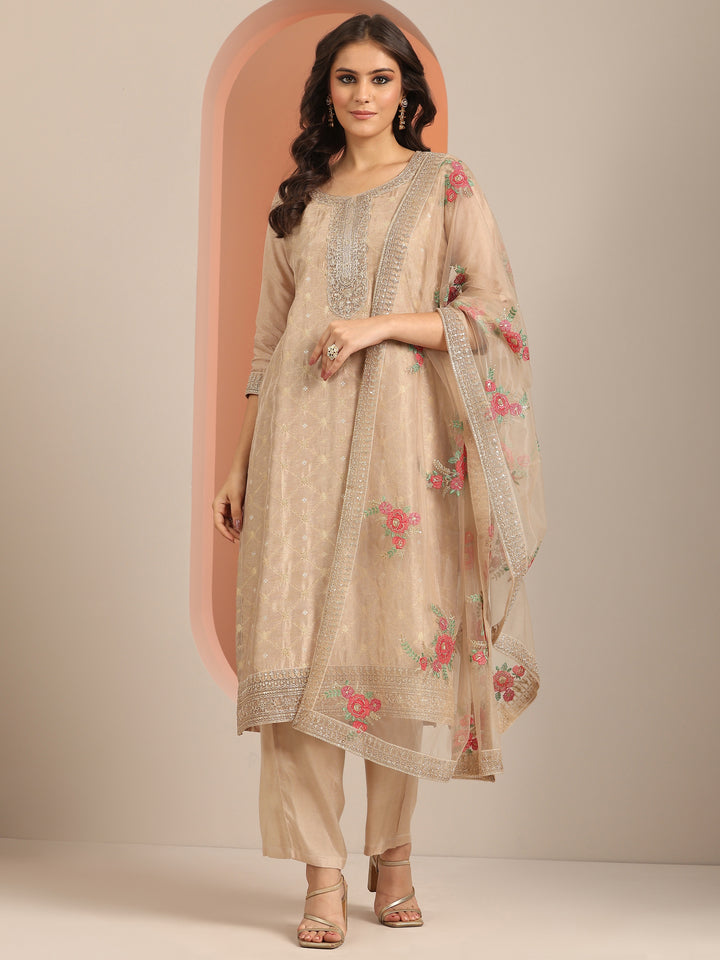 Libas Art Tan Woven Design Silk Blend Straight Suit Set With Dupatta