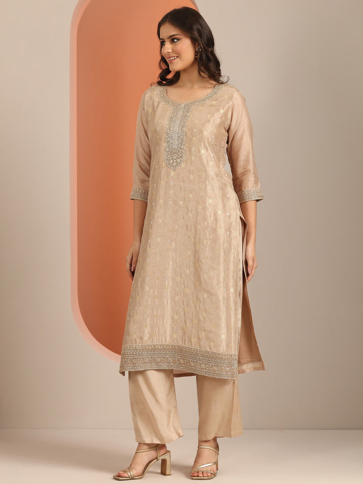 Libas Art Tan Woven Design Silk Blend Straight Suit Set With Dupatta