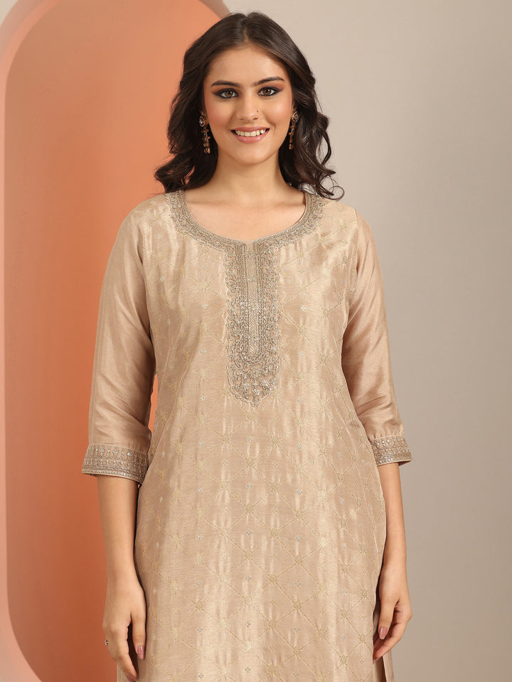 Libas Art Tan Woven Design Silk Blend Straight Suit Set With Dupatta