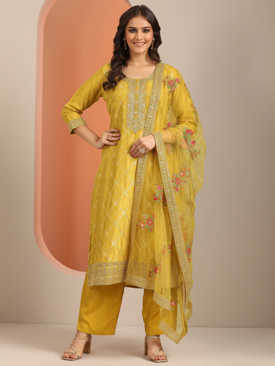 Libas Art Yellow Woven Design Silk Blend Straight Suit Set With Dupatta