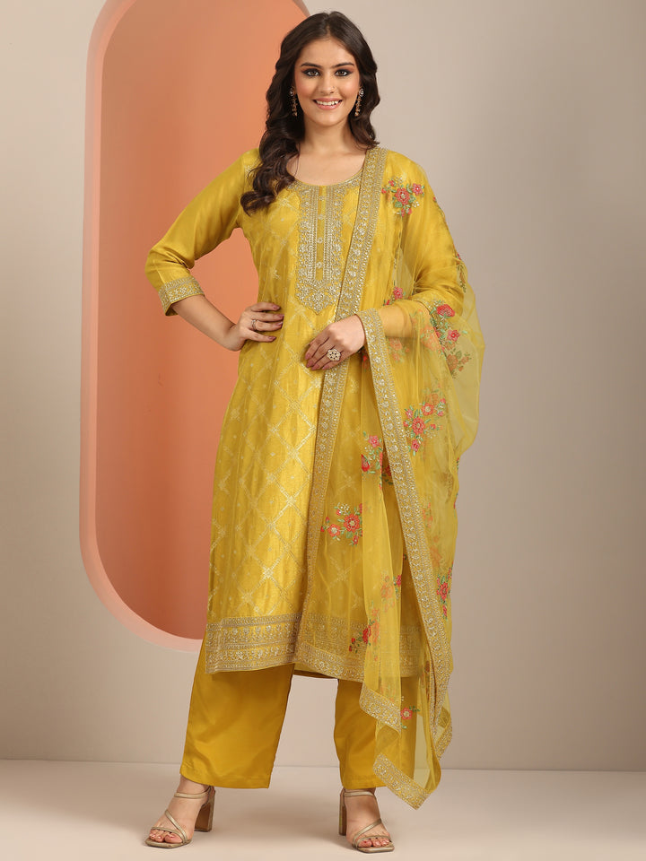 Libas Art Yellow Woven Design Silk Blend Straight Suit Set With Dupatta