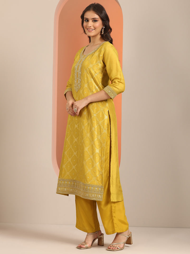 Libas Art Yellow Woven Design Silk Blend Straight Suit Set With Dupatta