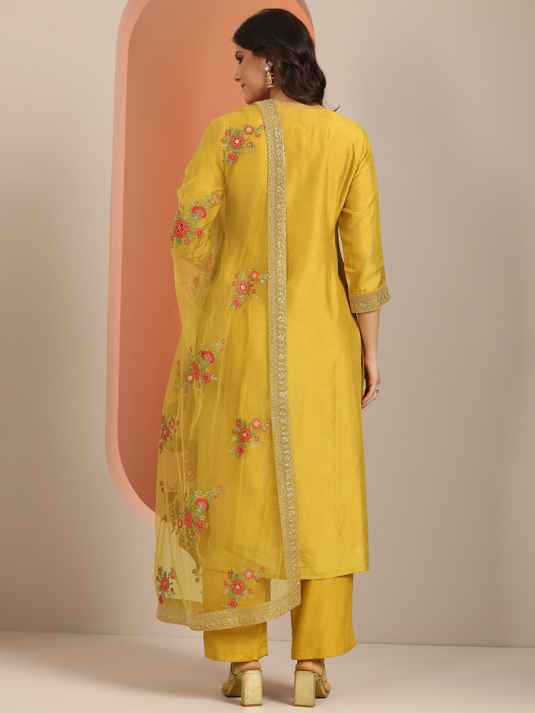 Libas Art Yellow Woven Design Silk Blend Straight Suit Set With Dupatta