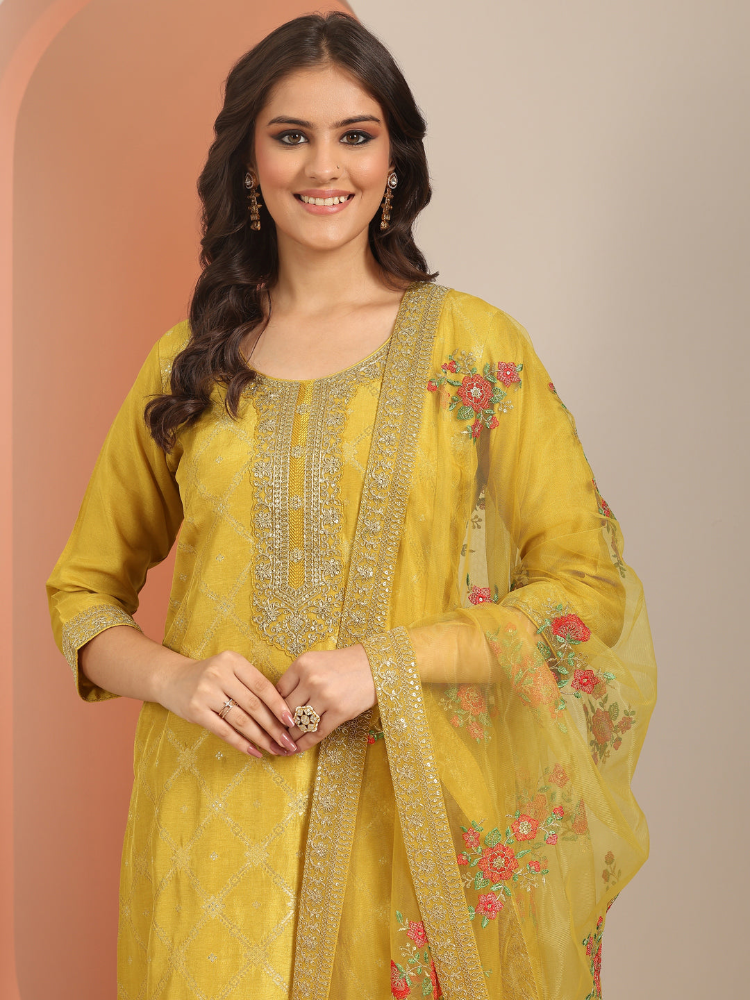 Libas Art Yellow Woven Design Silk Blend Straight Suit Set With Dupatta