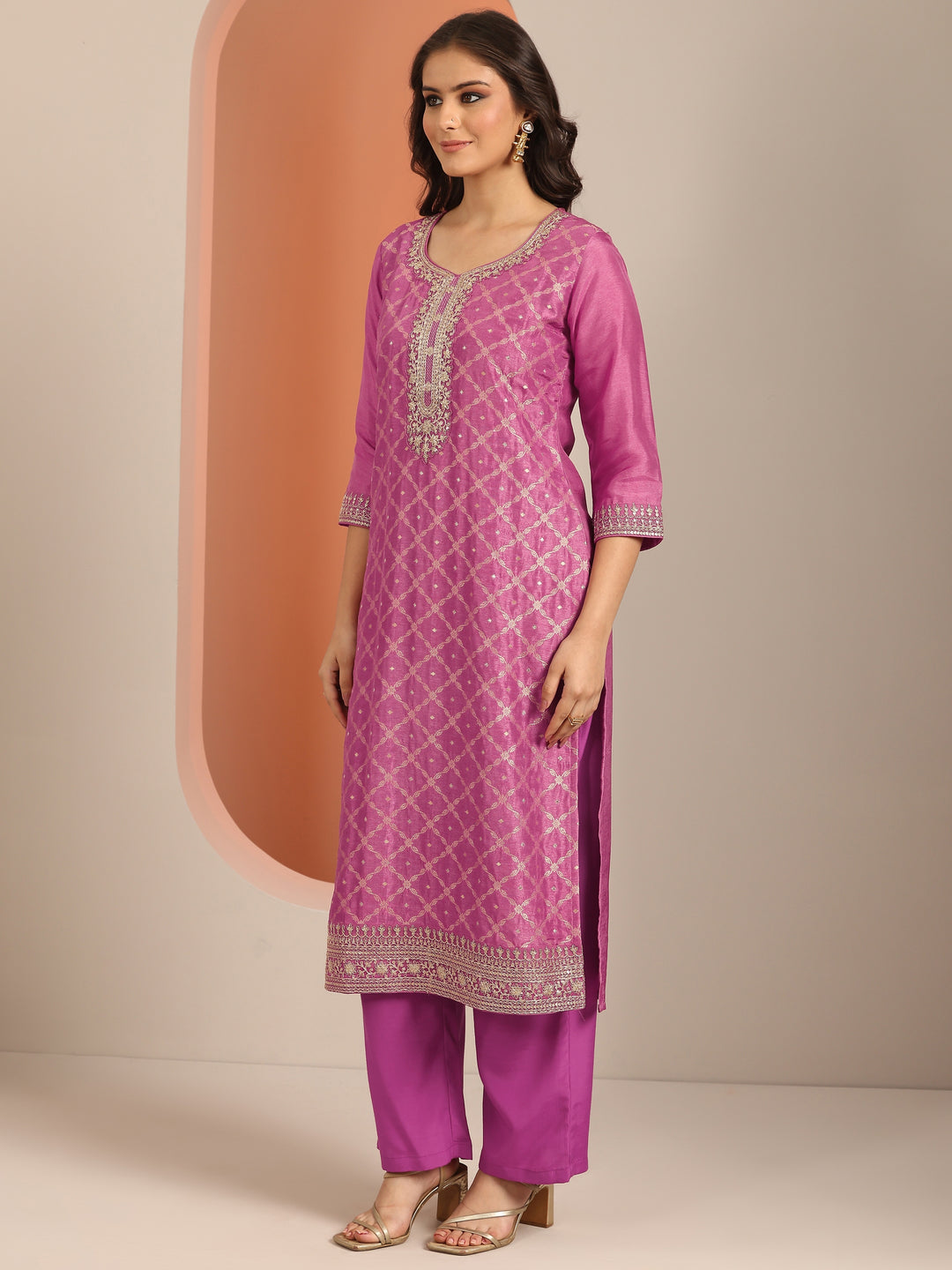 Libas Art Mauve Woven Design Silk Blend Straight Suit Set With Dupatta