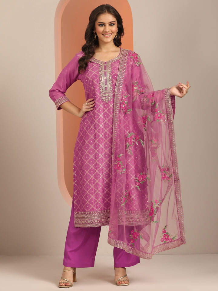 Libas Art Mauve Woven Design Silk Blend Straight Suit Set With Dupatta